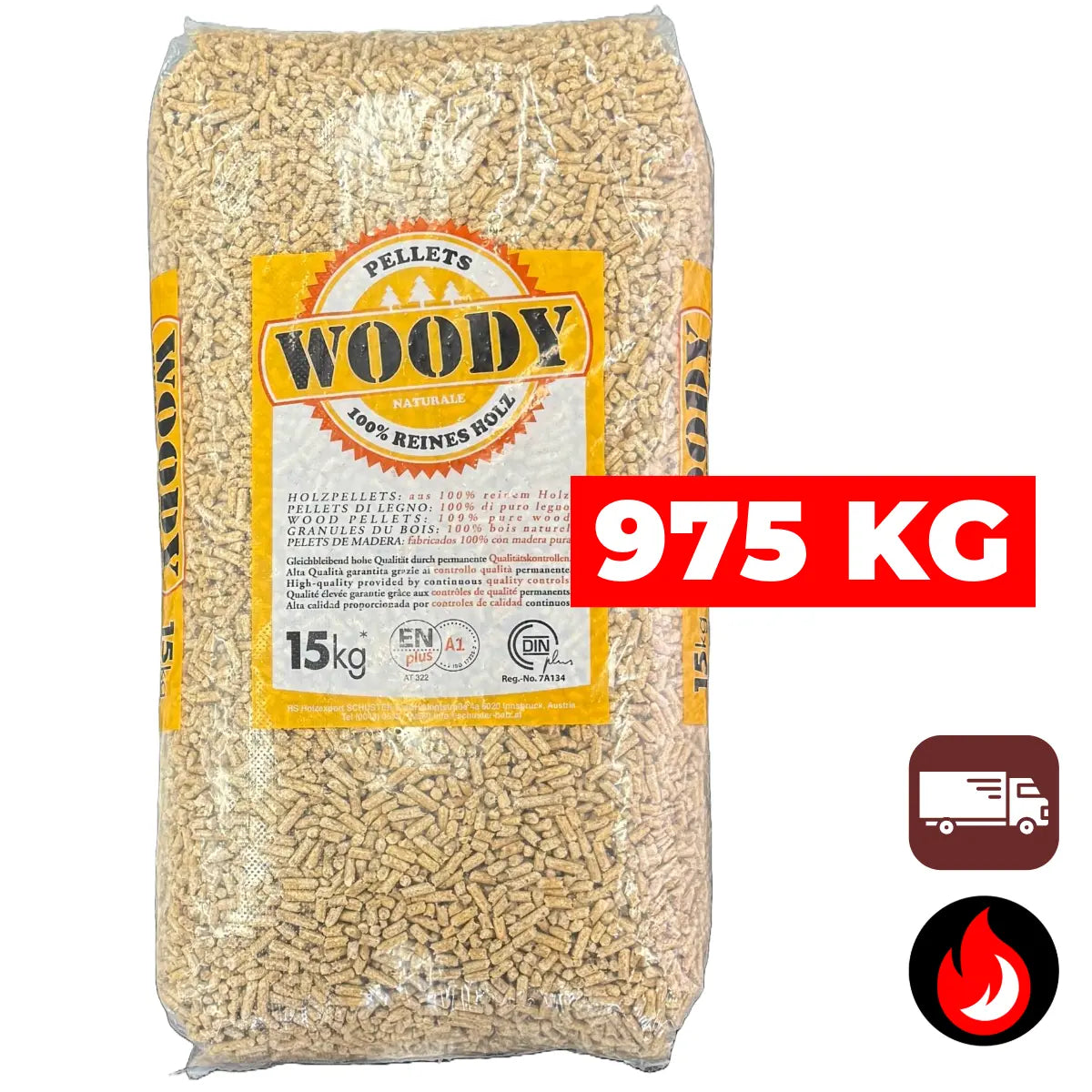 975 kg | Woody Premium (lichte) houtpellets | ENplus A1 & DIN+ | Inclusief bezorging